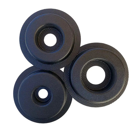 Top view of three donut sprinkler head molds for concrete and garden decor, reusable plastic, large 8 inch hole