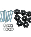 Eight Sets T Track Knob Kit With Galvanized Iron Screws One Quarter Twenty By Two Inches And One Quarter Inch Black Hex Nut With Galvanized Flat Washers For Woodworking Fixtures And Fixed Installations Pro Grade Heavy Duty Hardware showing screws, black knobs, and flat washers