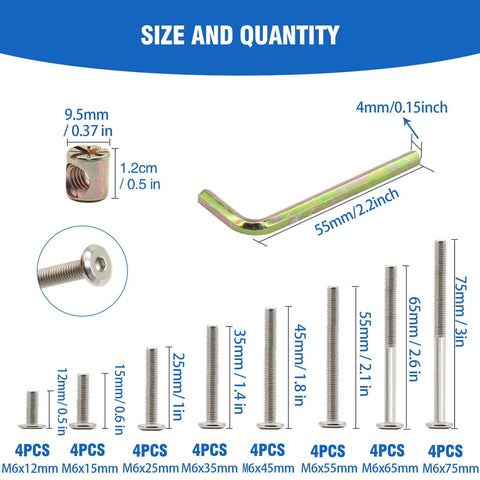 Crib Bunk Bed Hardware Replacement Kit Stainless Steel M6 Hex Socket Head Cap Screws And Barrel Nuts Assortment chart