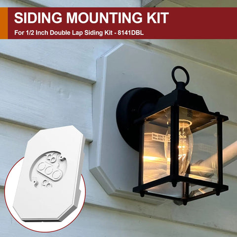 Easy Install Siding Mounting Block For Outdoor Light With Built In Electrical Box Fits Half Inch Lap Siding And Four Inch Vertical Vinyl Siding Hook Kit For Outdoor Lamp Weatherproof Black installed on white vinyl siding with black lantern