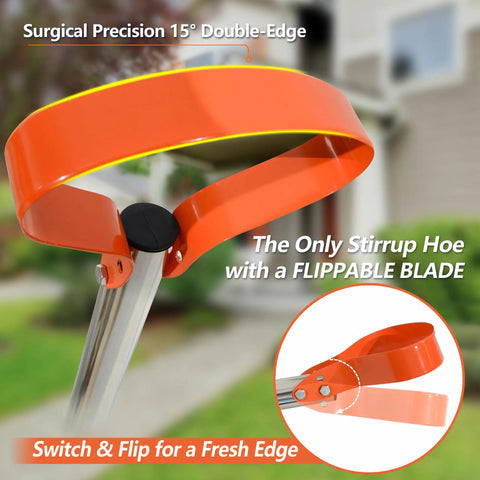 63 Inch Stirrup Hoe Garden Tool with Adjustable Long Handle, showing flippable 15 Degree Spring Steel Blade detail.
