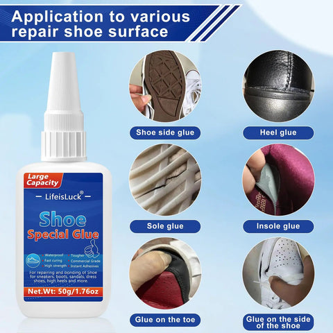 50G Quick Dry Shoe Glue Heavy Duty Repair Adhesive For Boots And Sneakers Clear Waterproof Glue For Rubber Soles Heels And Hiking Shoes Pro Grade Includes 15 Precision Applicator Tips, bottle with shoe repair examples