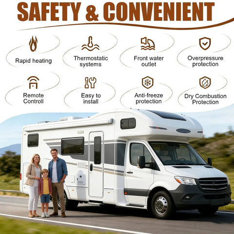 12V Gas Tankless Water Heater For Van Life And Overlanding Rigs With Smart Digital LCD Thermostat For Instant Hot Showers In Campervans Trailers And Off Road Adventures, family by RV.