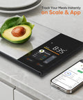 Smart Nutrition Scale For Real Foodies Tracks Calories Fat Carbs And Protein With TFT Display And Easy App Sync on counter with avocado