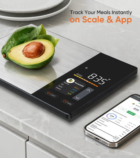 Smart Nutrition Scale For Real Foodies Tracks Calories Fat Carbs And Protein With TFT Display And Easy App Sync on counter with avocado