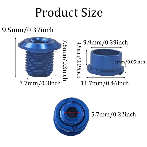 Blue Chainring Bolts Kit 5 Pack Pro Grade Premium 7075 Aluminum Alloy CNC Machined Crankset Screws with size dimensions.