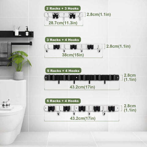 Four wall-mounted organizers with various racks and hooks, showcasing different sizes for Three Tiers Of Hooks And Four Hangers Broom And Mop Holder Wall Mount Garage Organizer Sturdy Heavy Duty Stainless Steel Non Slip With Self Adhesive Or Screws For Home Kitchen Garden And Laundry.