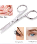 Curved Micro Serrated Eyebrow Scissors Made From Surgical Grade Stainless Steel For Precise Grooming And Trim, shown with nail and eyebrow care.