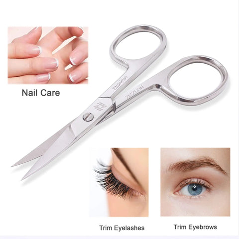 Curved Micro Serrated Eyebrow Scissors Made From Surgical Grade Stainless Steel For Precise Grooming And Trim, shown with nail and eyebrow care.