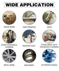 Image showing wide applications for Heavy Duty 11 Inch Wire Brush Set With Plastic Handle For Automotive Jobs Grill Cleaning Rust And Paint Removal Welding Slag And Household Use More And Thicker Bristles Pack Of 2, including woodwork, paint removal, and metal work.