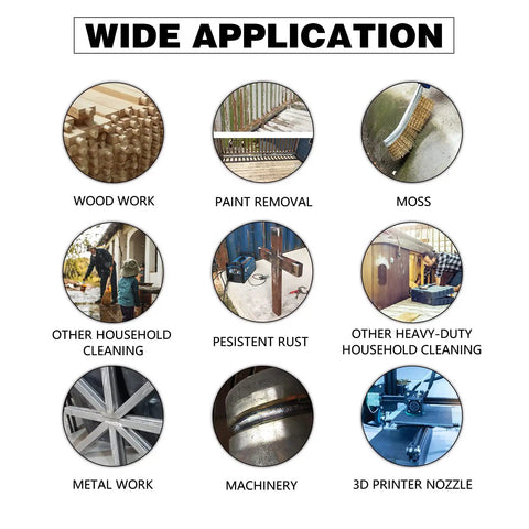 Image showing wide applications for Heavy Duty 11 Inch Wire Brush Set With Plastic Handle For Automotive Jobs Grill Cleaning Rust And Paint Removal Welding Slag And Household Use More And Thicker Bristles Pack Of 2, including woodwork, paint removal, and metal work.