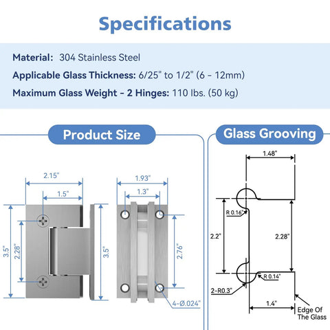 Specifications of rugged stainless steel shower door hinges with silent hydraulic technology, 90 degree pivot, brushed silver finish.