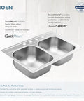 2000 Series 33 Inch 20 Gauge Drop In Double Bowl Stainless Steel Kitchen Sink With Quick Mount And Three Holes For Easy Installation And Quiet Durable Performance