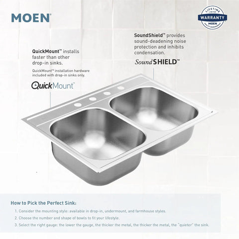 2000 Series 33 Inch 20 Gauge Drop In Double Bowl Stainless Steel Kitchen Sink With Quick Mount And Three Holes For Easy Installation And Quiet Durable Performance