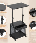 Height Adjustable Standing Desk On Wheels With Drawer And Storage, Rolling Laptop Desk For Home Office shown with features