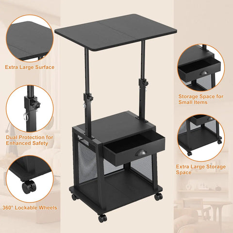 Height Adjustable Standing Desk On Wheels With Drawer And Storage, Rolling Laptop Desk For Home Office shown with features
