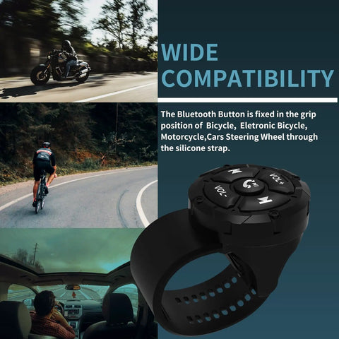 Waterproof Bluetooth Media Button Remote for car steering wheel and bike handlebar use, highlighting wide compatibility.