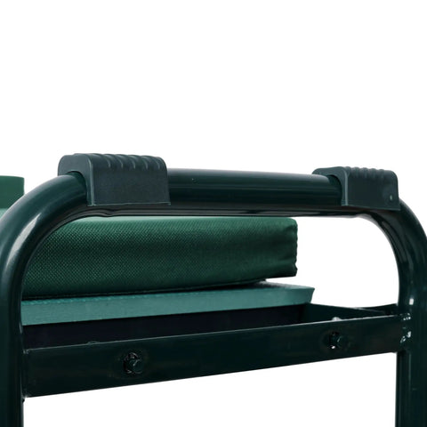 Close-up of Heavy Duty Garden Kneeler And Seat 2 In 1 With Tool Storage, green padded seat, durable steel frame detail.