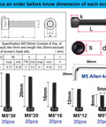 Diagram and sizes of 100 Pieces M5 Hex Socket Head Cap Screws Bolts Set, Black Oxide Finish, Grade 12.9 Alloy Steel, Fully Threaded, 0.8mm Pitch, Includes Allen Key, Sizes 8, 12, 16, 20, 30mm, Heavy Duty Industrial Fasteners