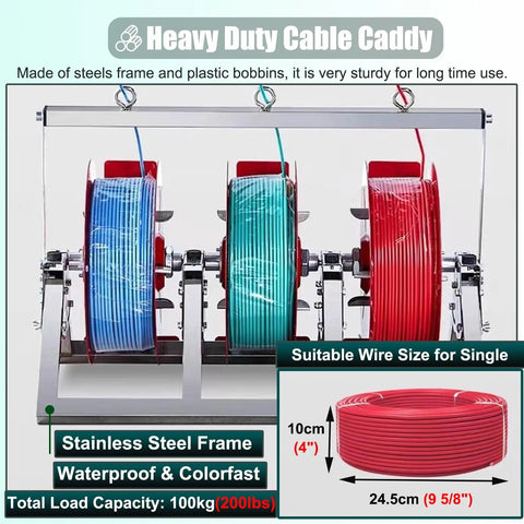 Multi Reel Electrical Wire Dispenser with plastic spools and foldable portable cable caddy for industrial warehouses, heavy duty.