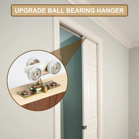 Pocket Door Hanger Commercial Grade Fits Johnson 1125 And Upgraded 1500 Hardware Kit with 1-Inch Nylon Ball Bearing Wheels in use