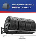 Rock Solid Heavy Duty Steel Wall Mount Tire Rack with four tires, 400 pounds capacity, adjustable sizes from 31 to 56 inches.
