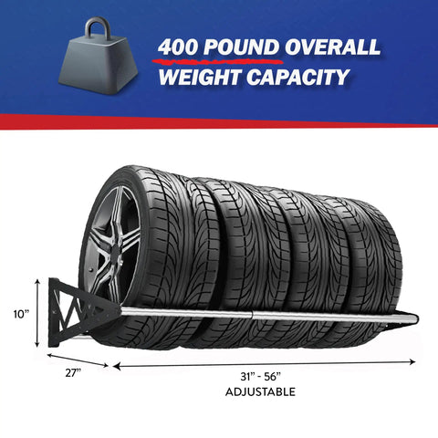 Rock Solid Heavy Duty Steel Wall Mount Tire Rack with four tires, 400 pounds capacity, adjustable sizes from 31 to 56 inches.