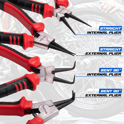 4 Piece Snap Ring Pliers Set For Internal And External Retaining Rings, 7 Inch Heavy Duty Circlip Pliers With Straight And Bent Jaws