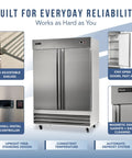 Heavy Duty Commercial 2 Door Stainless Steel Freezer 47 Cubic Feet Capacity with adjustable shelves and digital controller.