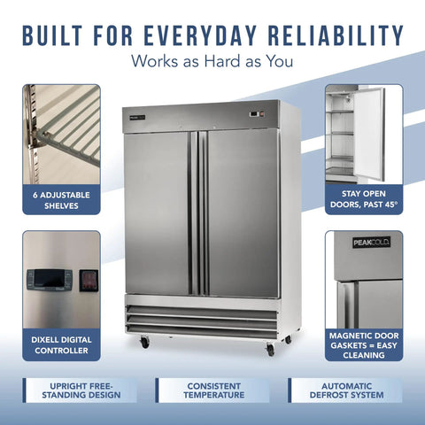 Heavy Duty Commercial 2 Door Stainless Steel Freezer 47 Cubic Feet Capacity with adjustable shelves and digital controller.
