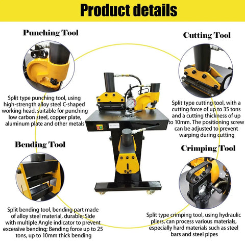 Beilockery Electric Hydraulic Busbar Processor Machine with punching, cutting, bending, and crimping tools for metal work.