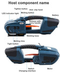 Top Shelf Electric Handheld Strapping Machine Featuring 4000Mah Dual Lithium Batteries, showing buttons and features on side view.