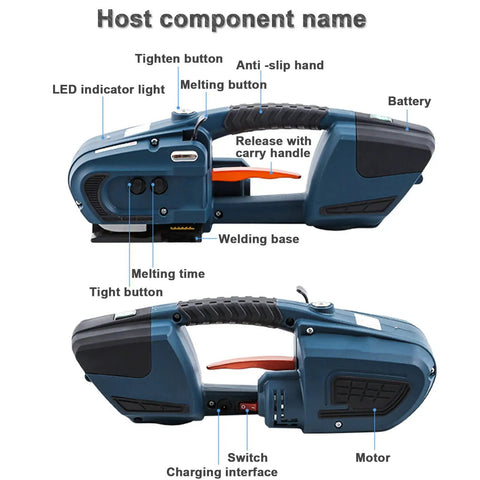Top Shelf Electric Handheld Strapping Machine Featuring 4000Mah Dual Lithium Batteries, showing buttons and features on side view.