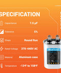 7.5 uF Oval Run Capacitor 370/440 VAC CBB65 with specifications and BlueStars branding