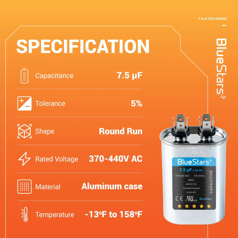 7.5 uF Oval Run Capacitor 370/440 VAC CBB65 with specifications and BlueStars branding