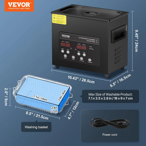 3 Liter Ultrasonic Cleaner Machine With Digital Screen And Integrated Heater, dimensions and washing basket included.