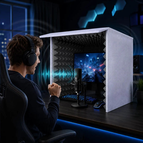 28 Inch Portable Vocal Recording Booth With Rock Solid Five Sided High Density Foam Soundproof Box for clear podcast vocals.