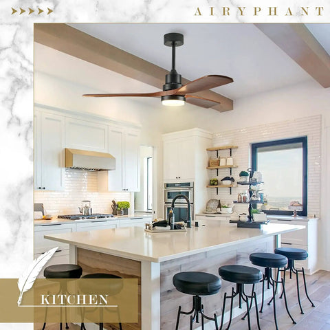 Modern kitchen with 52 Inch Ceiling Fan With Lights For Indoor Outdoor Use Wood Blades Noiseless Three Blade Reversible DC Motor.