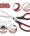 8.5 Inch All Purpose Scissors Set With Stainless Steel Blades, Sharp And Durable Pro Grade Heavy Duty Do It All Multi Purpose Shears, 2 Pack For Kitchen, Craft, Office Tasks And Sewing with black red soft-grip handles