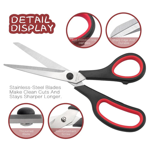 8.5 Inch All Purpose Scissors Set With Stainless Steel Blades, Sharp And Durable Pro Grade Heavy Duty Do It All Multi Purpose Shears, 2 Pack For Kitchen, Craft, Office Tasks And Sewing with black red soft-grip handles