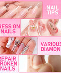 Image showcasing nail tips, press on nails, and repair broken nails using Ultra Fast Nail Glue For Acrylics And Press Ons.