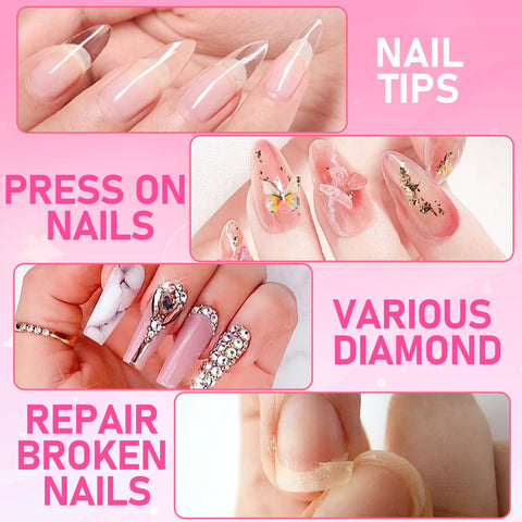 Image showcasing nail tips, press on nails, and repair broken nails using Ultra Fast Nail Glue For Acrylics And Press Ons.
