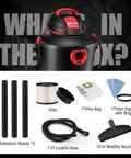 Heavy-Duty 6 Gallon Wet Dry Vacuum With 3 Peak HP Power, showing accessories including hose, filter, and extension wands.