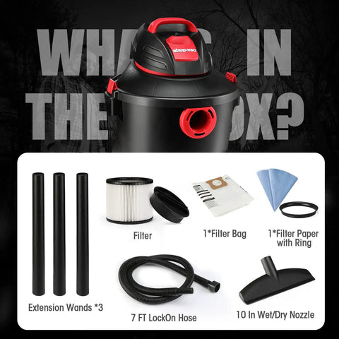 Heavy-Duty 6 Gallon Wet Dry Vacuum With 3 Peak HP Power, showing accessories including hose, filter, and extension wands.