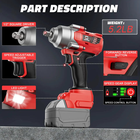 Cerycose Cordless Impact Wrench 1/2 Inch Compatible With Milwaukee 18v Battery 750 Ft Lbs High Torque Brushless Electric Impact Gun Led Light & 6 Sockets Bare Tool Ready For Any Job