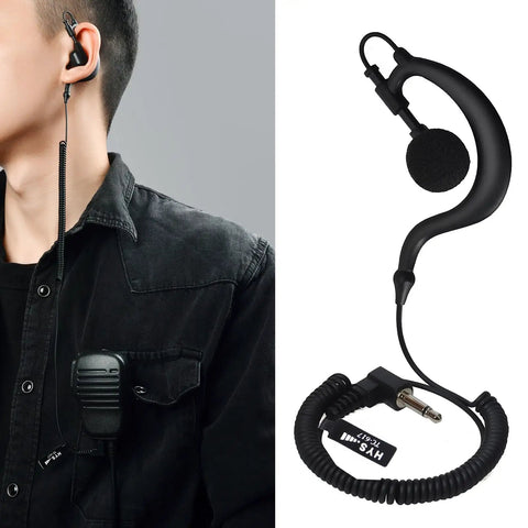Person wearing Listen Only 3.5mm G Shape Earbud Earpiece With Over Ear Hook, adjustable fit for two-way radios, MP3 players.