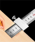 Precision Thickness Calibration Block Set Four Piece Woodworking Stop Guide showing adjustable ruler and wood, measuring length.