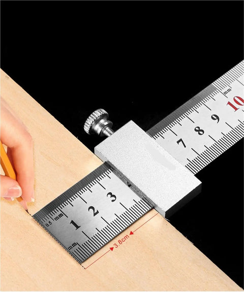 Precision Thickness Calibration Block Set Four Piece Woodworking Stop Guide showing adjustable ruler and wood, measuring length.