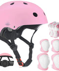 Pink adjustable kids helmet and pad set for skating, biking, cycling, skateboarding; includes knee, elbow, wrist guards for ages 3-14.