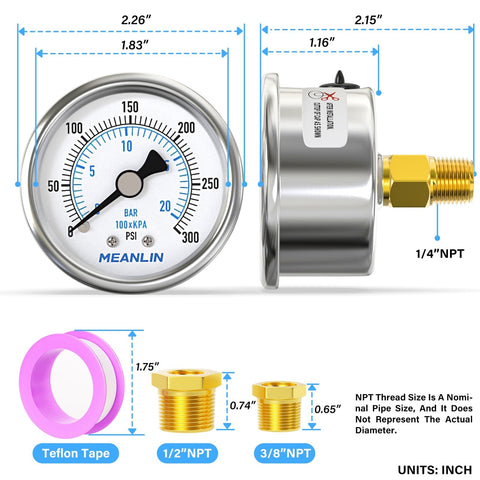 Stainless Steel Dry Pressure Gauge Heavy Duty 0 To 300 Psi One Quarter Inch NPT Center Back Mount 2 Inch Dial Waterproof